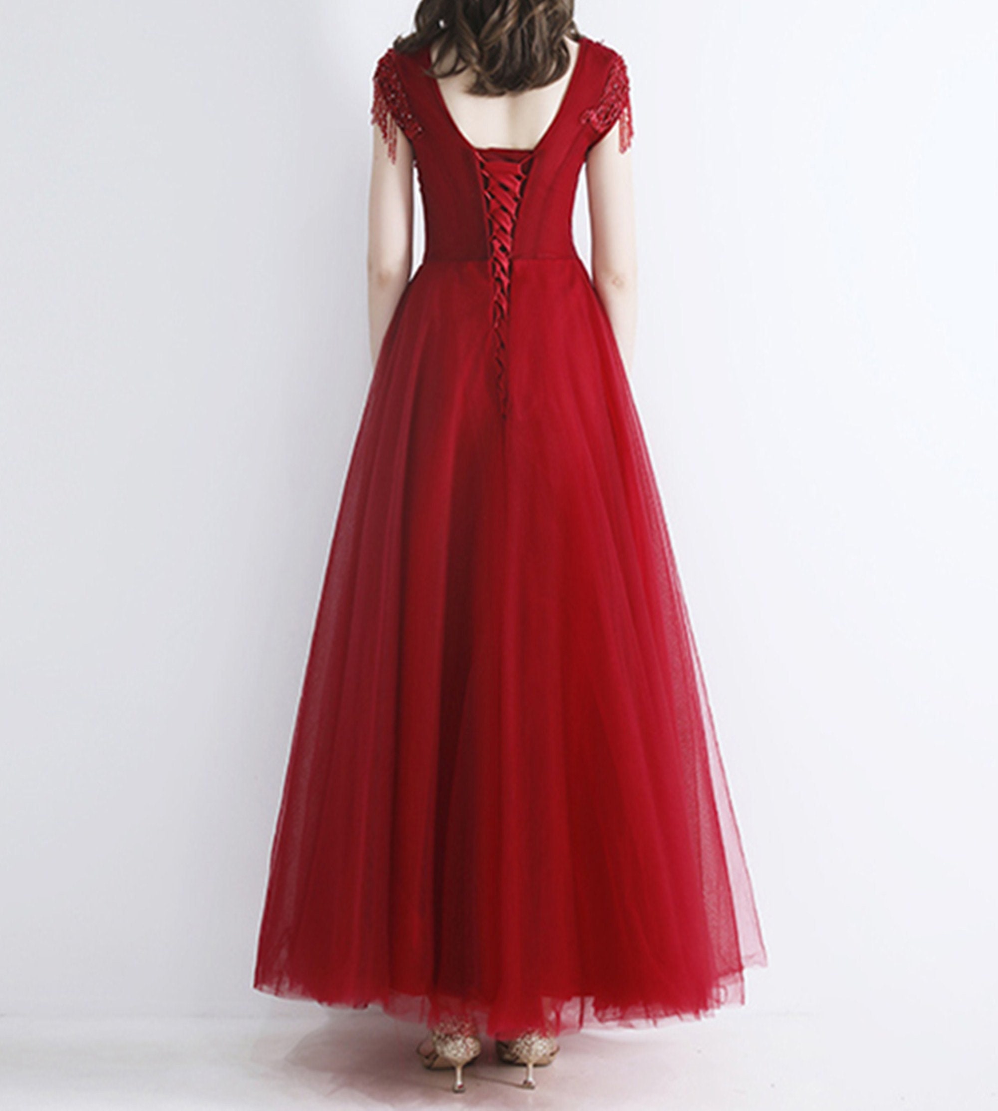 Applique Prom Dress Long Wine Red Evening Dress Beading Tassel Etsy UK