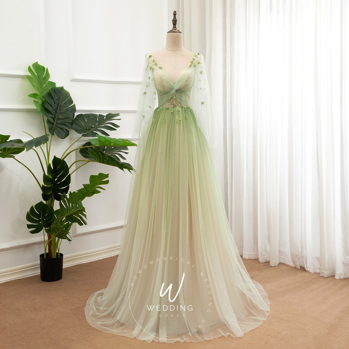 Gradient Green Prom Dress Dreamy Party Dress Long Sleeve As Pictures