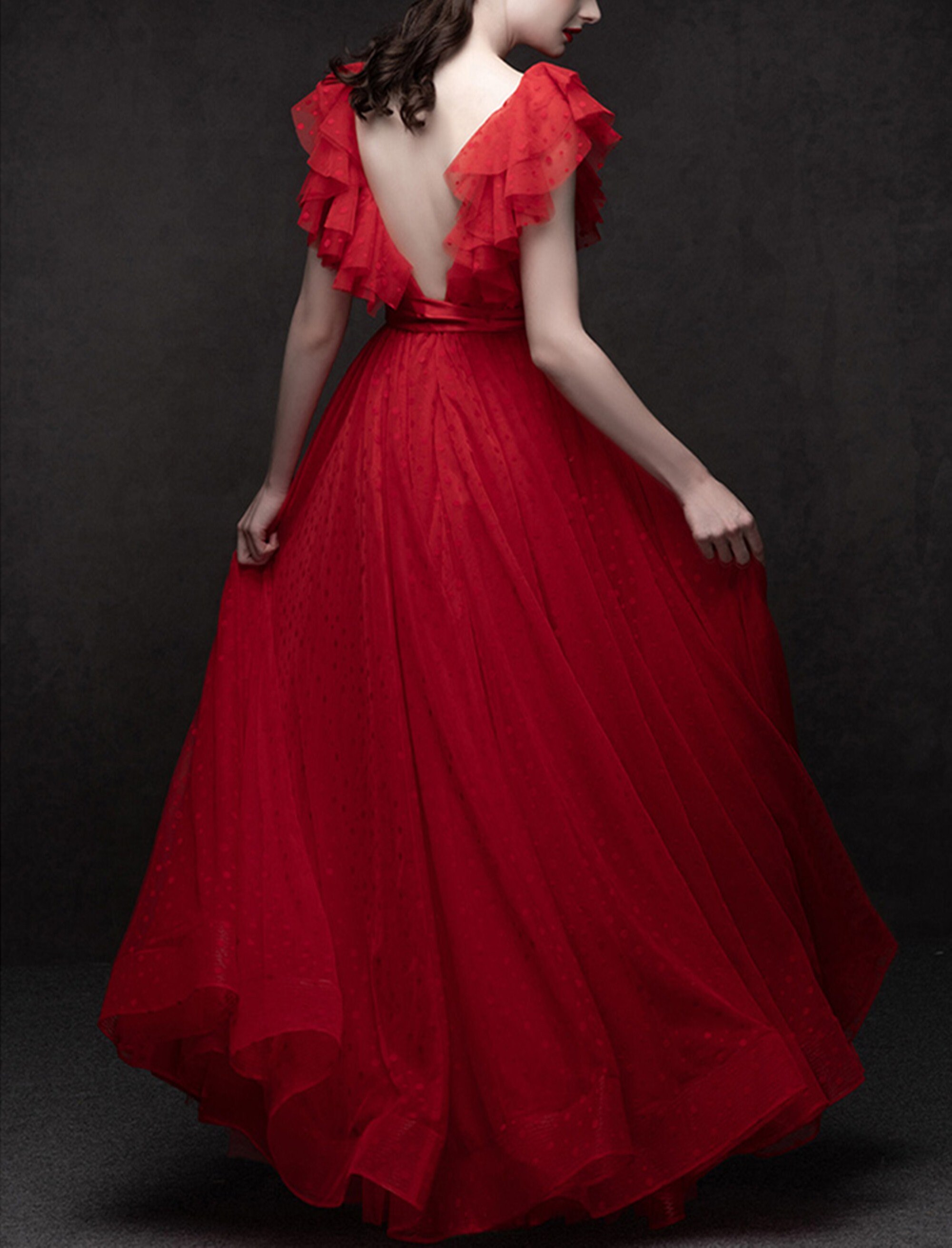 Red Bridal Wedding Dress Sweet Ruffle Bridal Gown Deep V Prom Etsy
