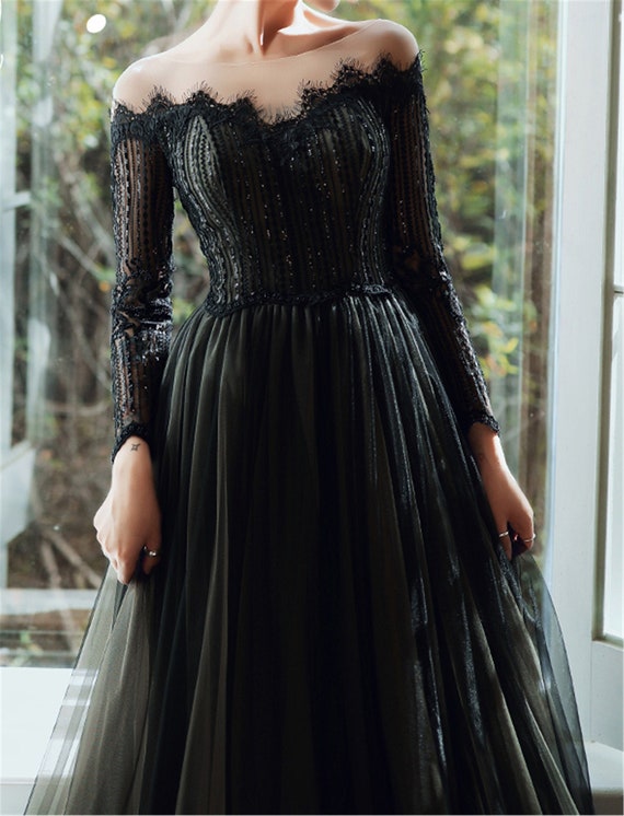 Gothic Prom Dress Zwart Vintage Avondjurk off Shoulder - Etsy Nederland