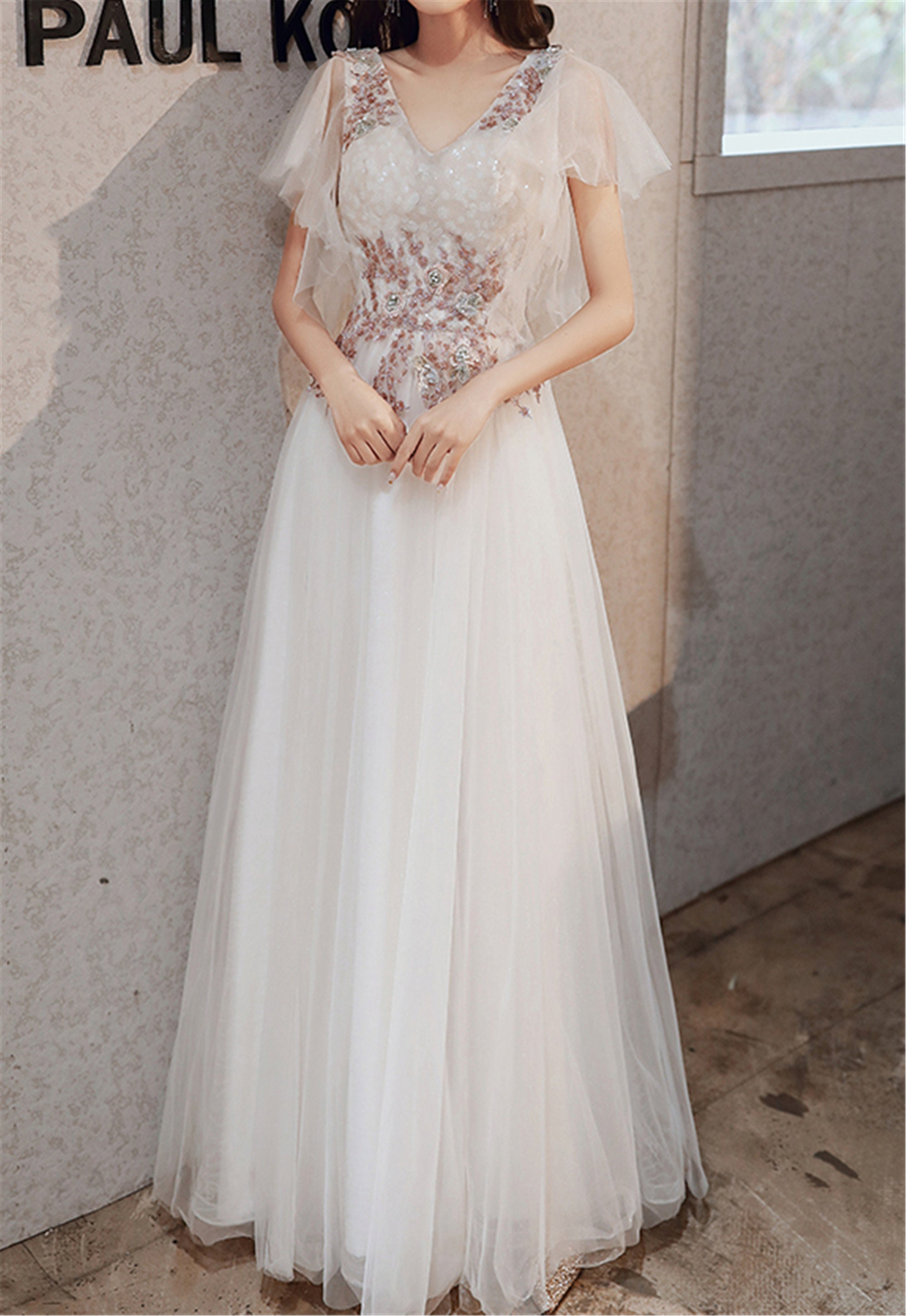 Flower Embroidery Prom Dress White Long Evening Dress Elegant Etsy