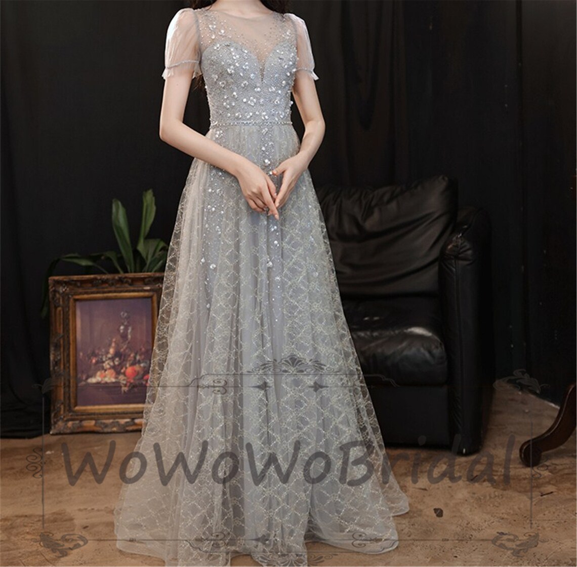 blue and grey gown