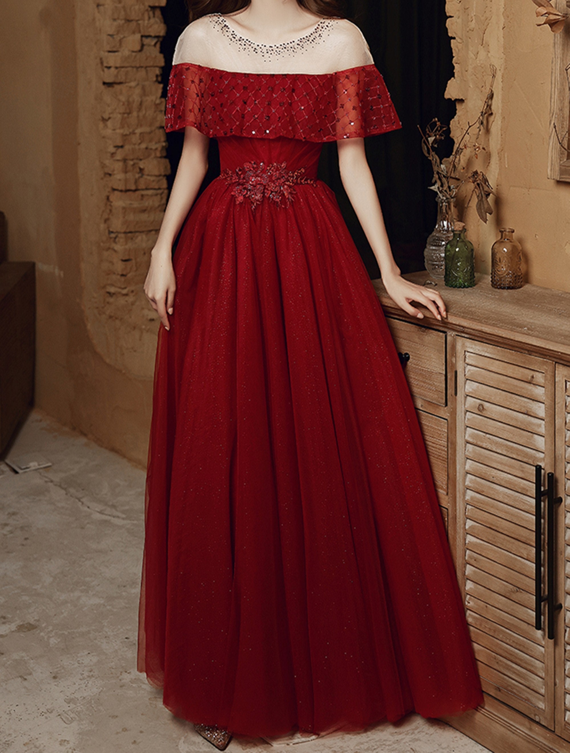 Stunning V Neck Wine Red Formal Gown with Slit – Dreamdressy