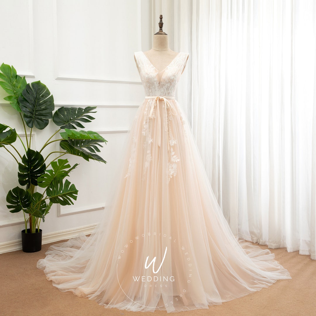 Light Champagne Bridal Dress, Lace Applique Wedding Dress, Deep V ...