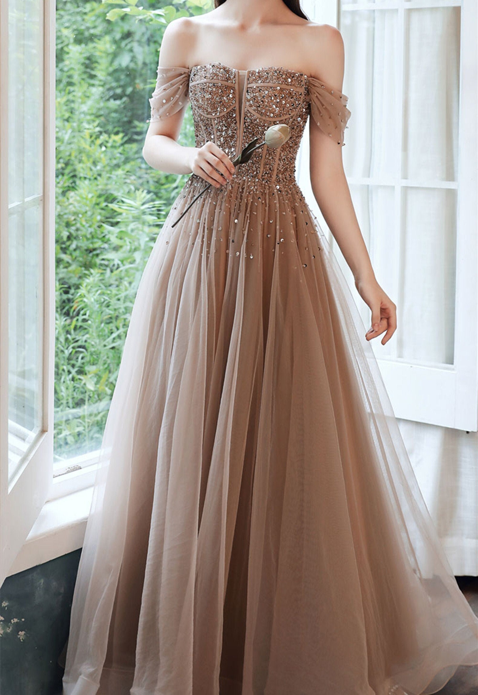 Light Champagne Prom Dress off Shoulder Khaki Party Dress Sequin Banquet  Dress Long Evening Dress Custom Graduation Gown Bridesmaid Dress -   Canada