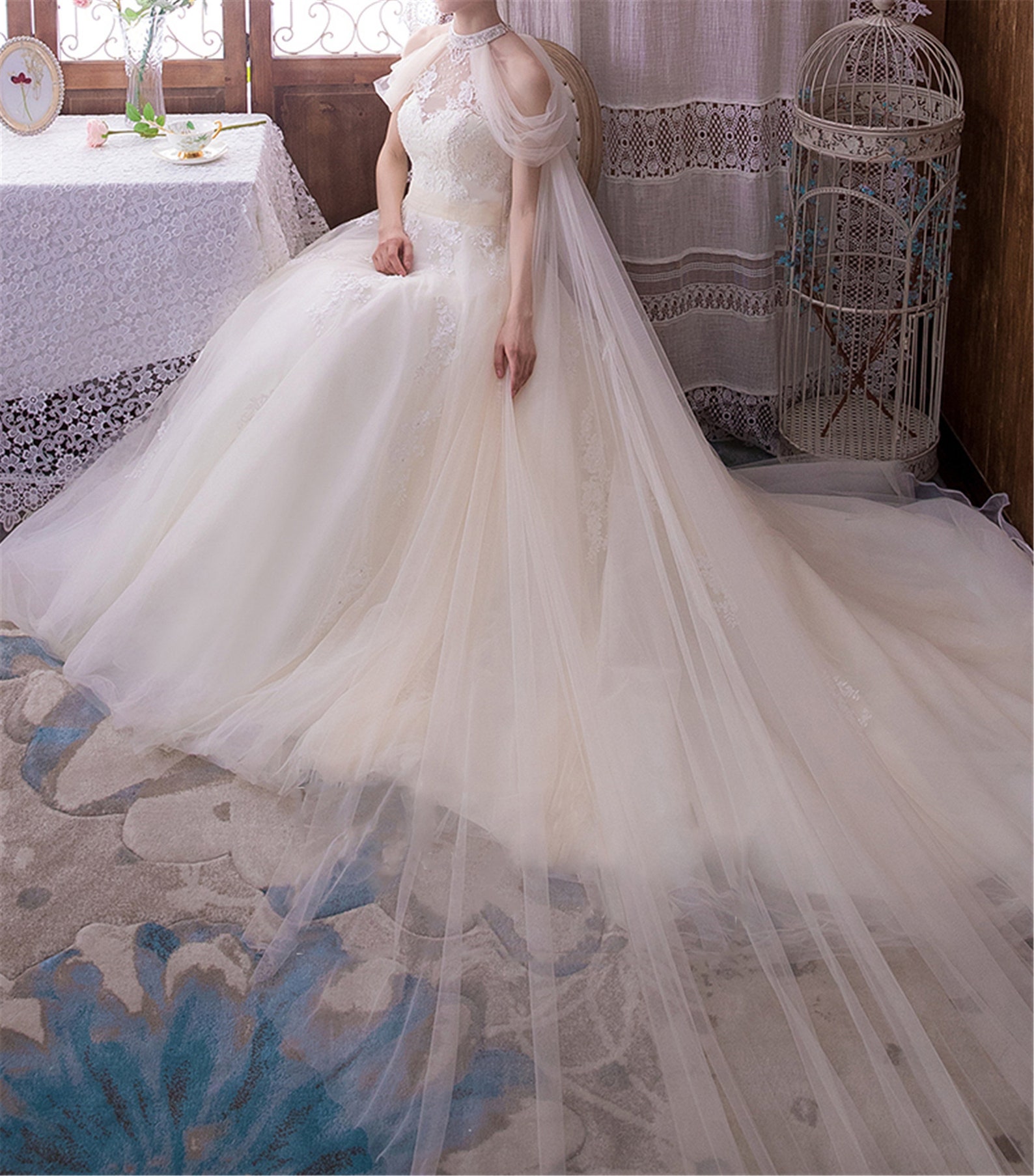 Dreamy Shoulder Cape Wedding Dress White Lace Applique Wedding Etsy