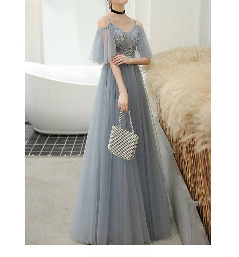 Blue Embroidered Scoop Neck Elegant Prom Evening Formal Dress DQ830875