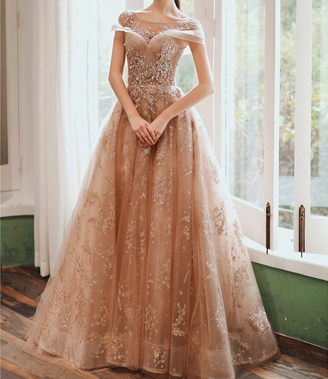 Glitter off Shoulder Prom Dress Light Champagne Long Evening Dress