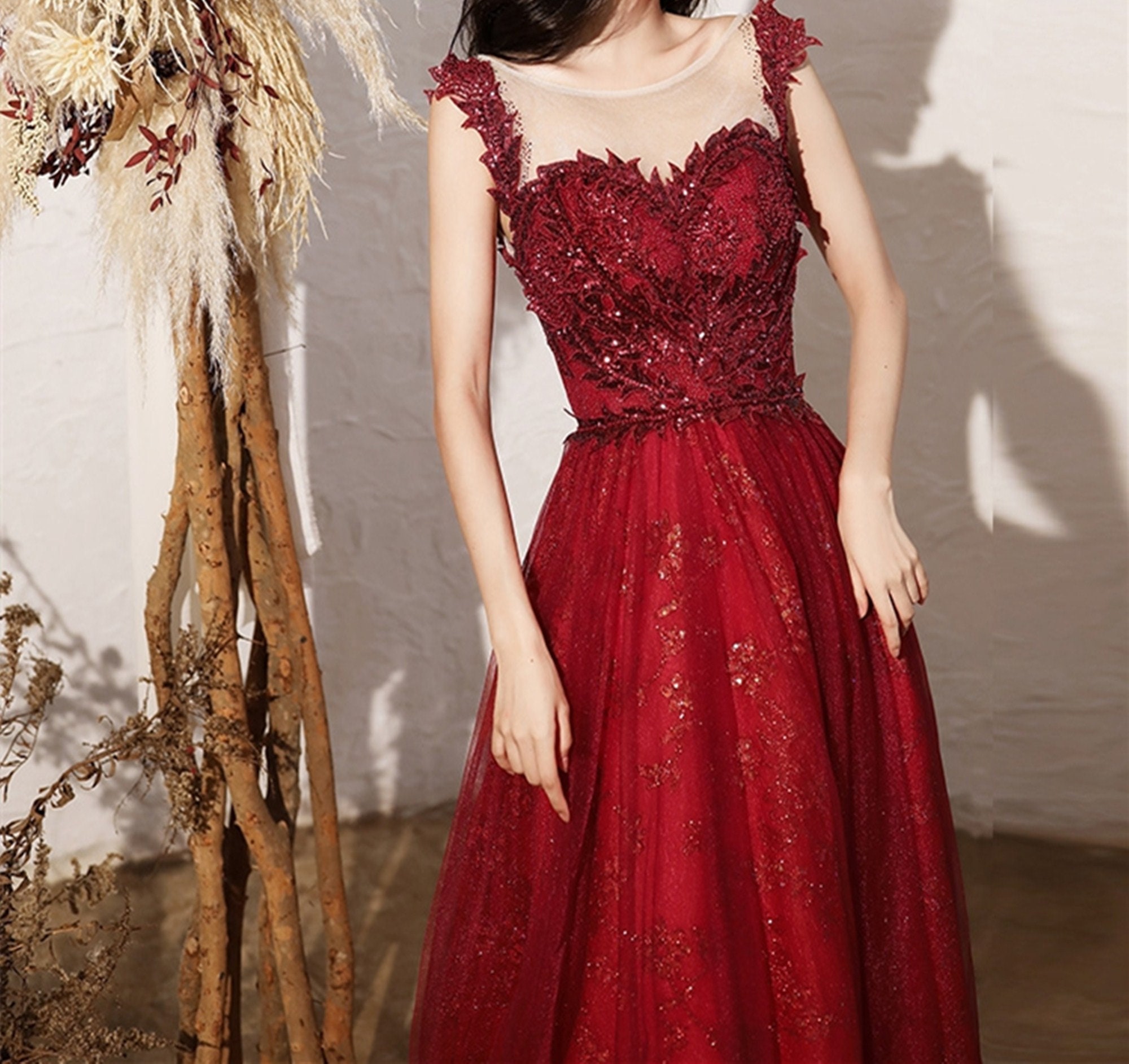 Wine Red Prom Dress Sparkly Evening Dress Beading Applique Etsy