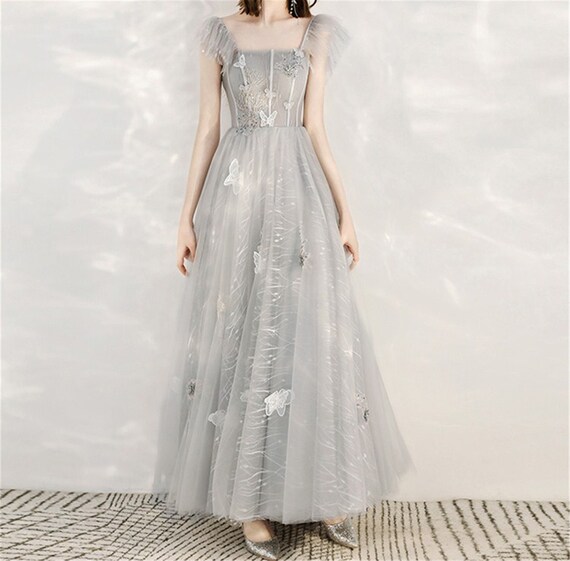 Light Gray Long Prom Dress Butterfly Applique Evening Dress | Etsy