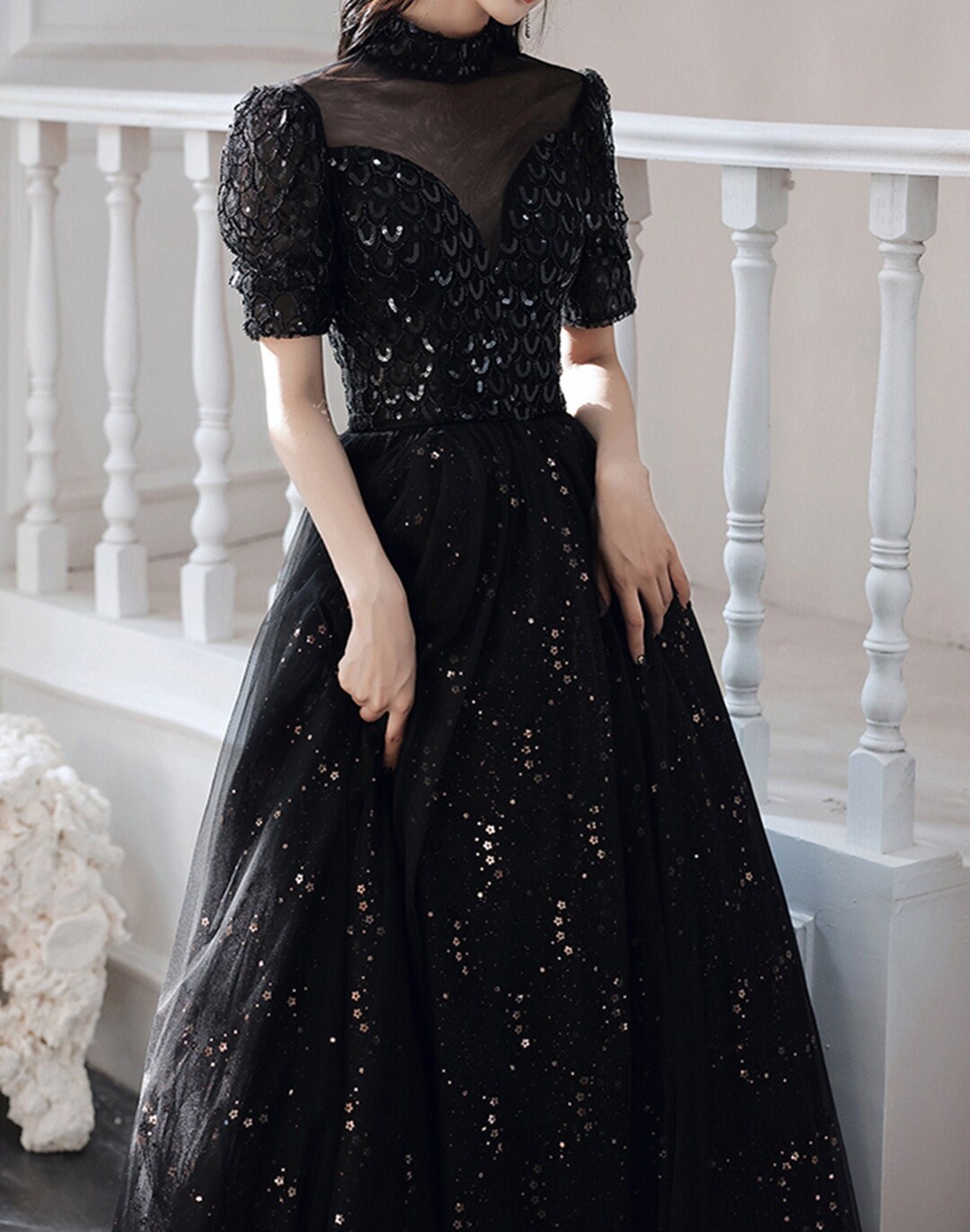 Vintage Black Prom Dress Mermaid Sequin Evening Dress Long Etsy