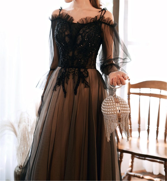 Elegant Black Prom Dress off Shoulder Banquet Dress Lace - Etsy