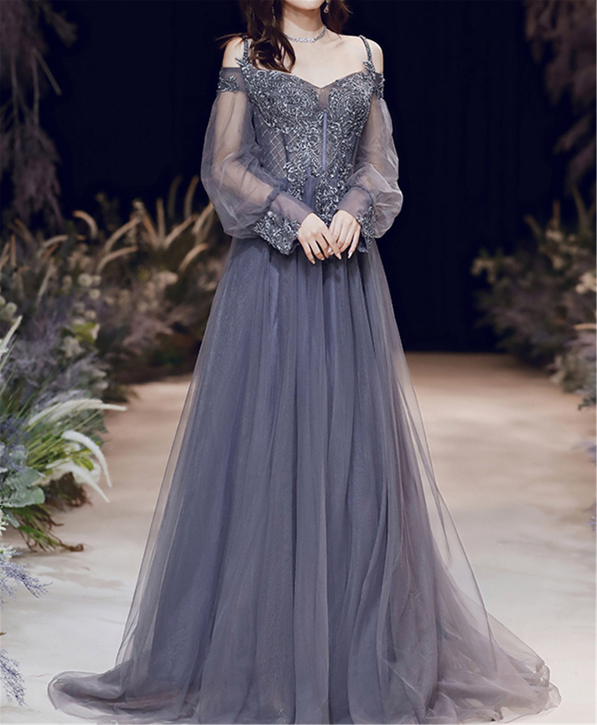 dark gray ball gown