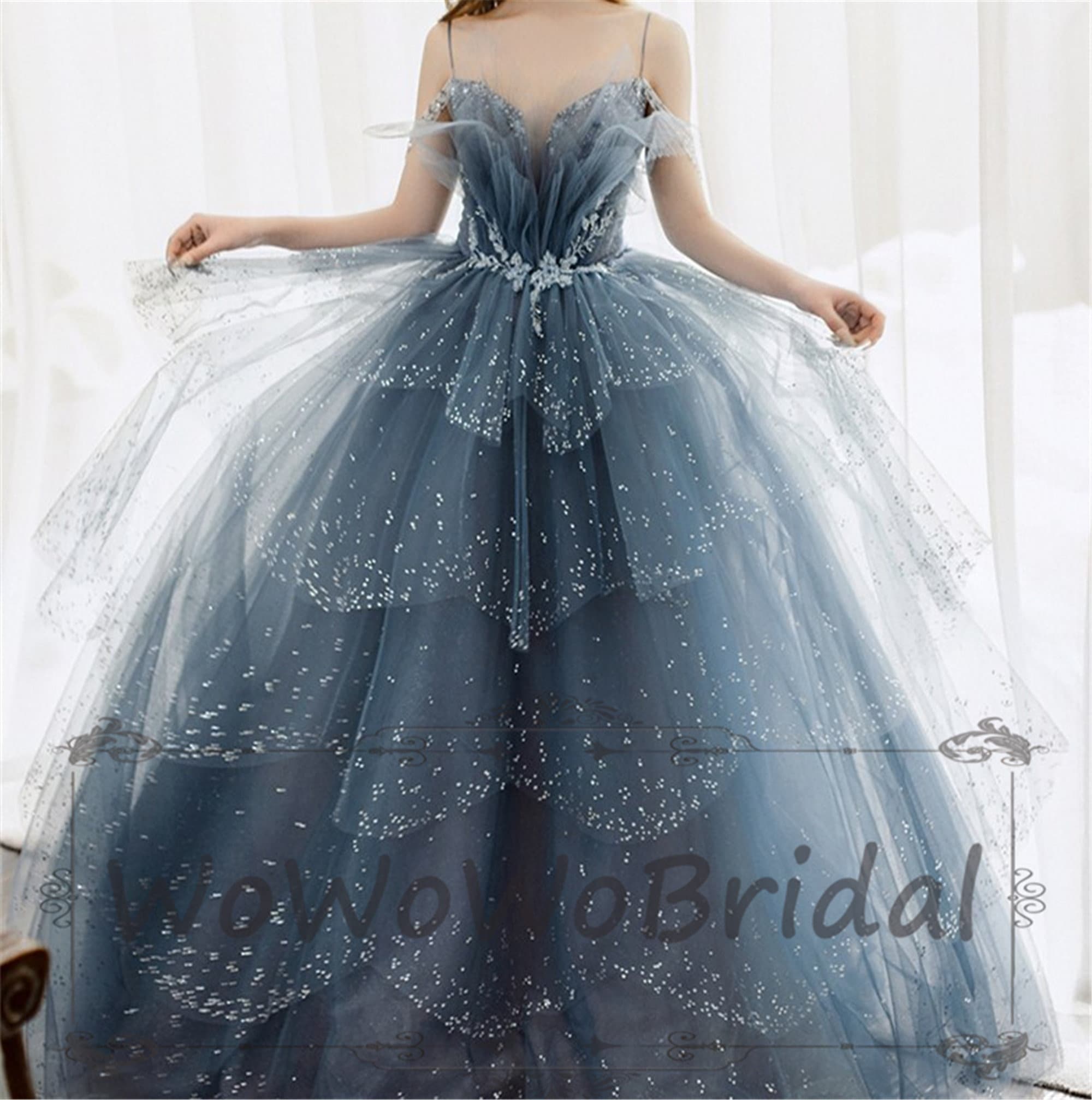 Dreamy Starry Blue Prom Dress Sparkly Rhinestone Applique | Etsy UK