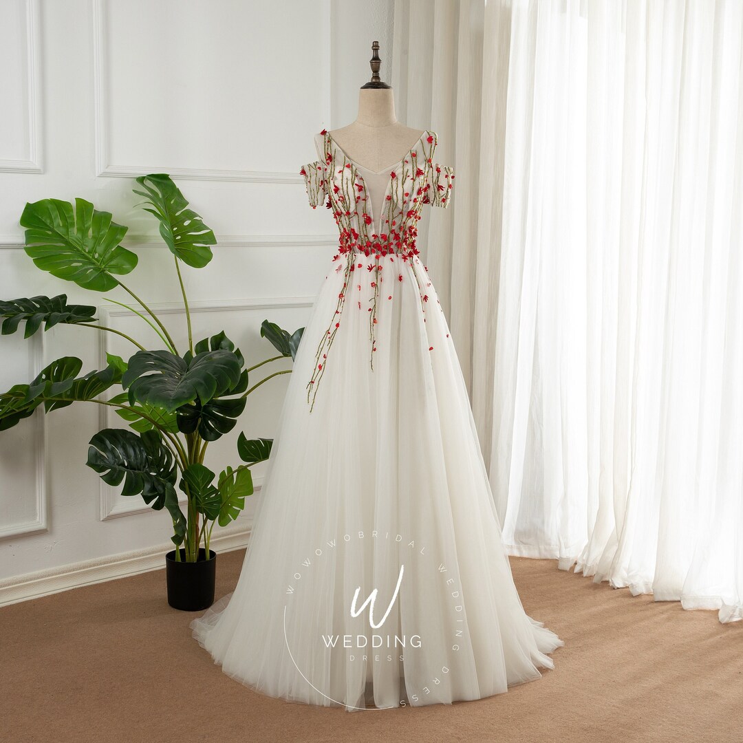 Red Flower Prom Dress With Green Bead, Girl Party Dress, Sleeve Graduation Dress, Deep V Bridal