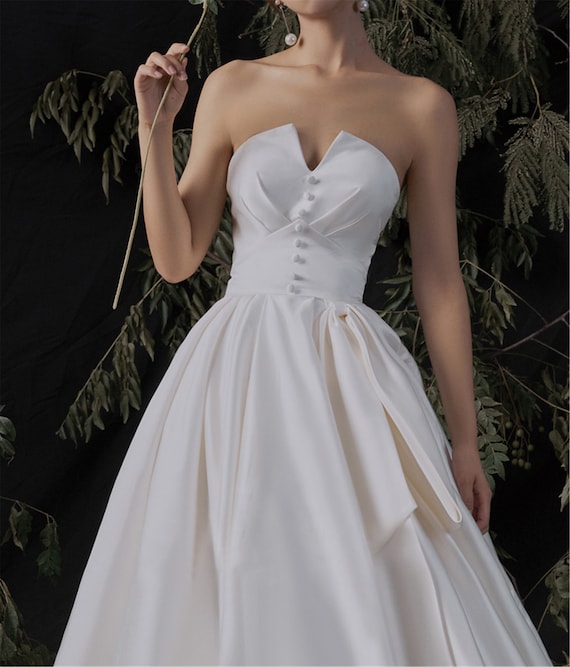 Strapless Ball Gown Wedding Dress With Corset Bodice, Front Slit And Back  Bow
