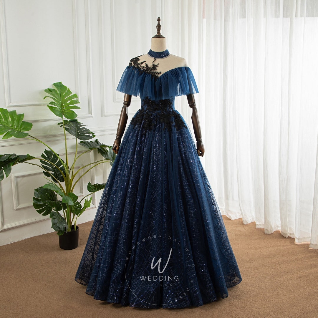 Navy Blue Prom Ball Gown, Applique Bridal Wedding Gown, Women Formal
