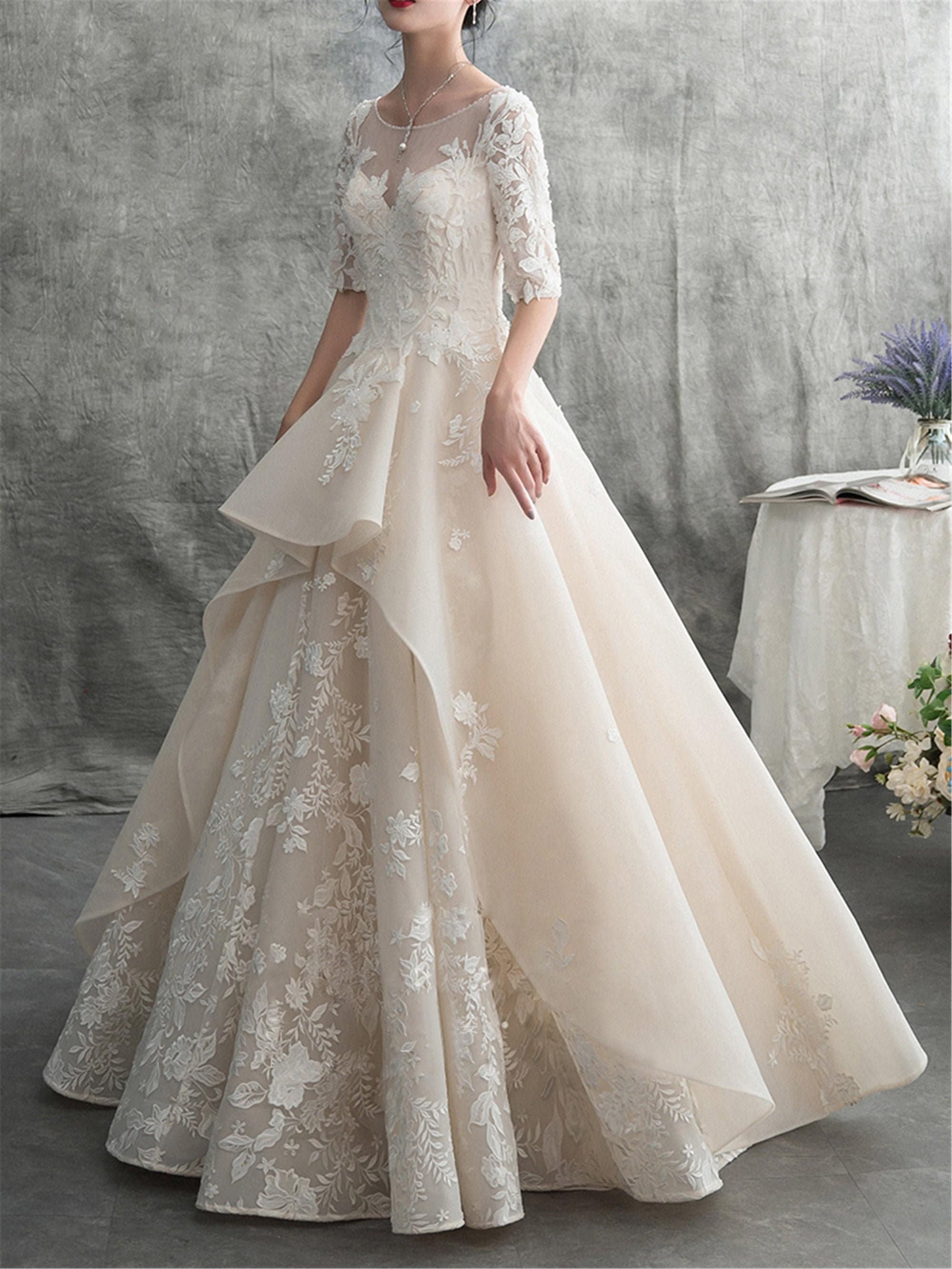 Designer Lace Light Champagne Puffy A-line Destination Wedding Dress