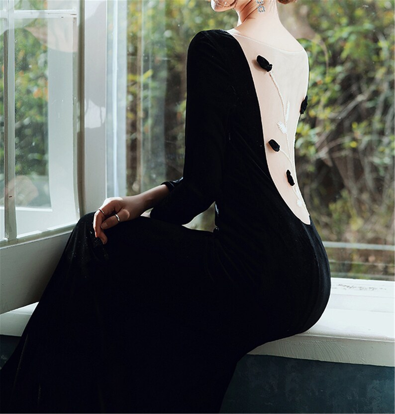 Puff-Sleeve Square-Neck Mermaid Dress,Vintage Black Prom Dress