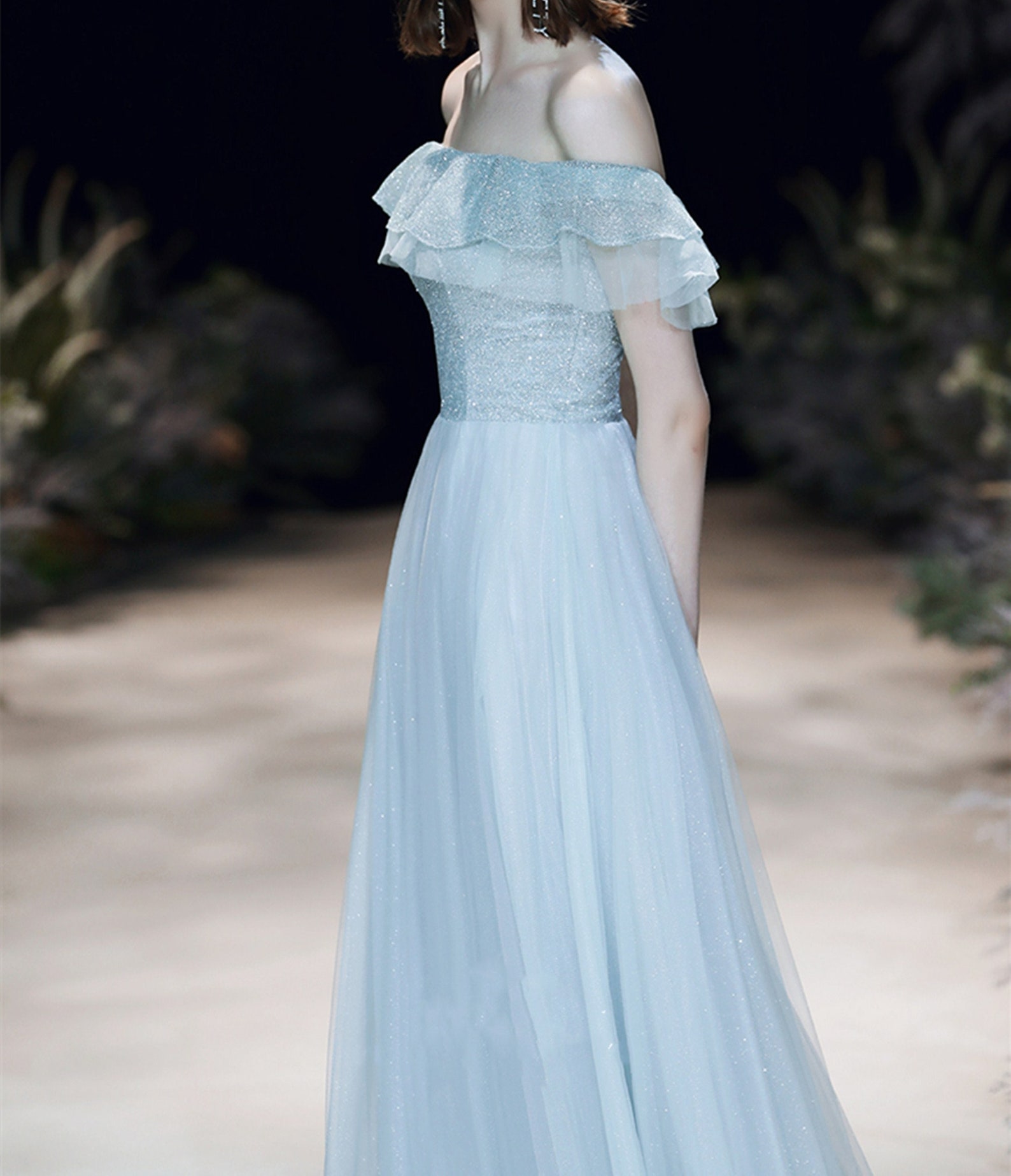 Sparkly Peacock Blue Off Shoulder Ruffle Long Prom Dress