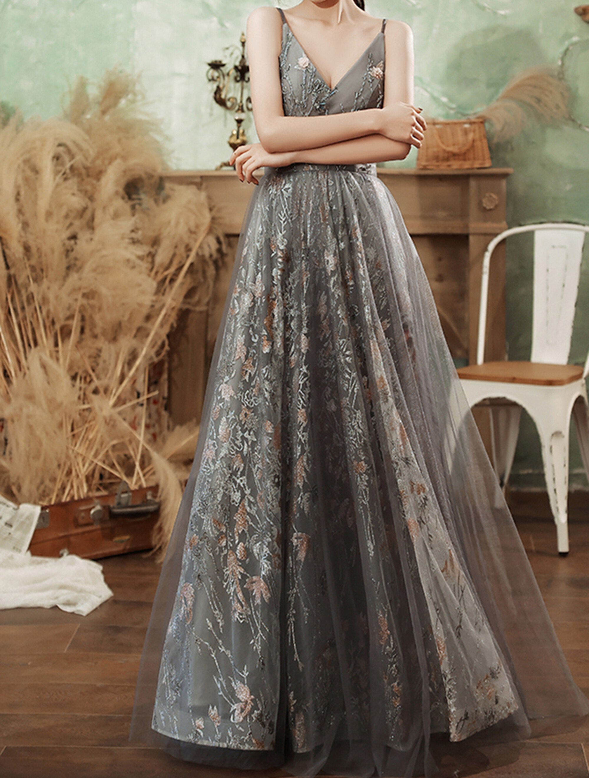 Flower Sequins Prom Dress Gray Long 