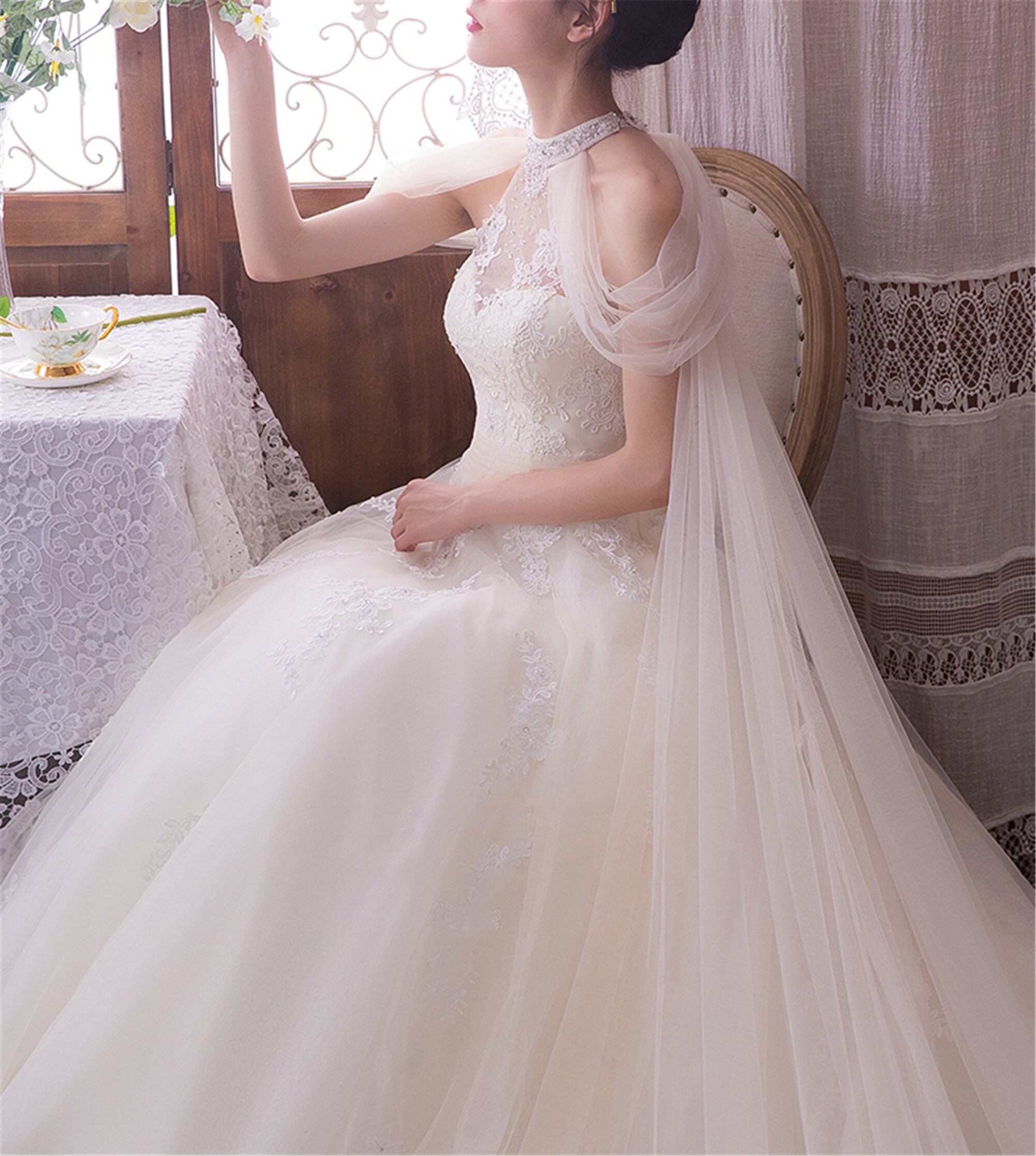 Dreamy Shoulder Cape Wedding Dress White Lace Applique Wedding Etsy