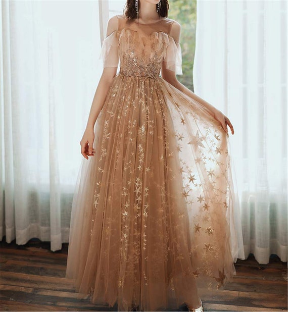 A-Line Champagne Gold Tulle Sequins Long Mother of The Bride Dresses