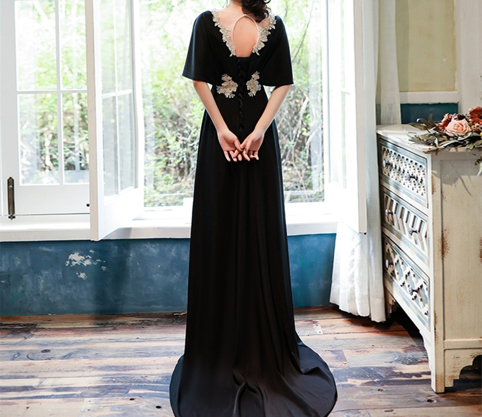 Minimalist Prom Dress Black Long Evening Dress Satin Bridal Etsy