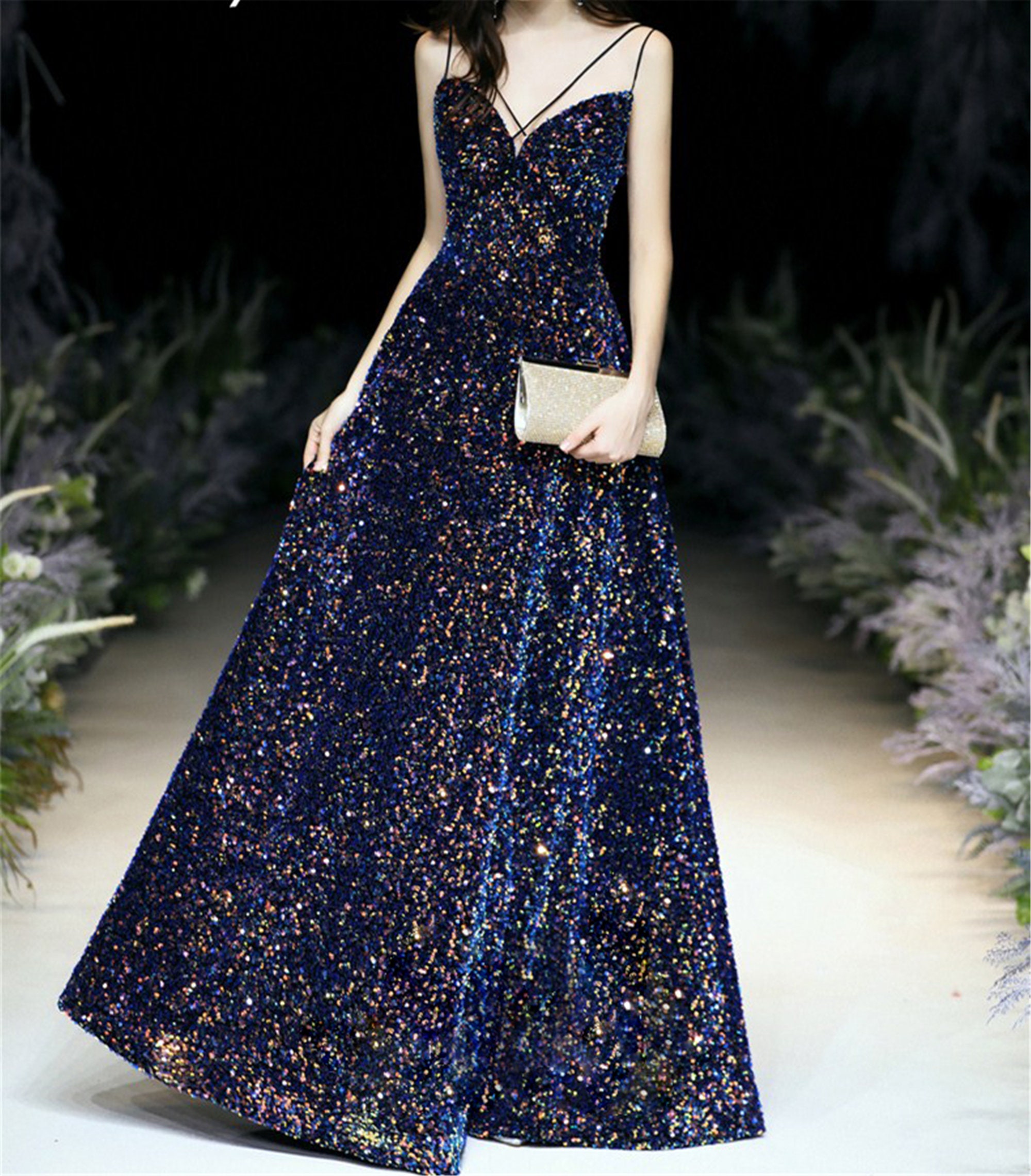 Super Glitter Blue Prom Dress Dreamy Starry Evening Dress Sexy Etsy