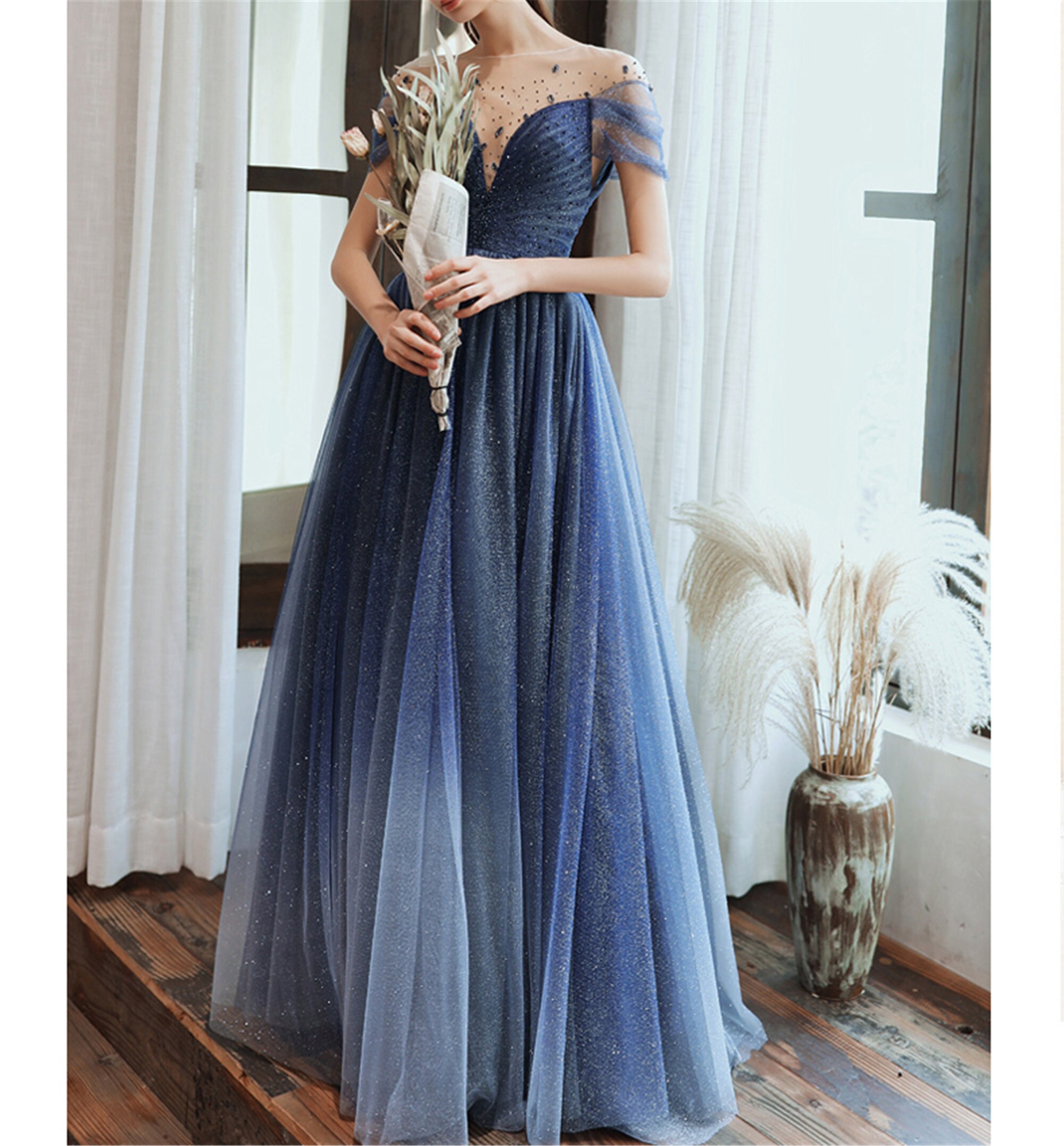 Blue Starry Prom Dress Glitter Evening 