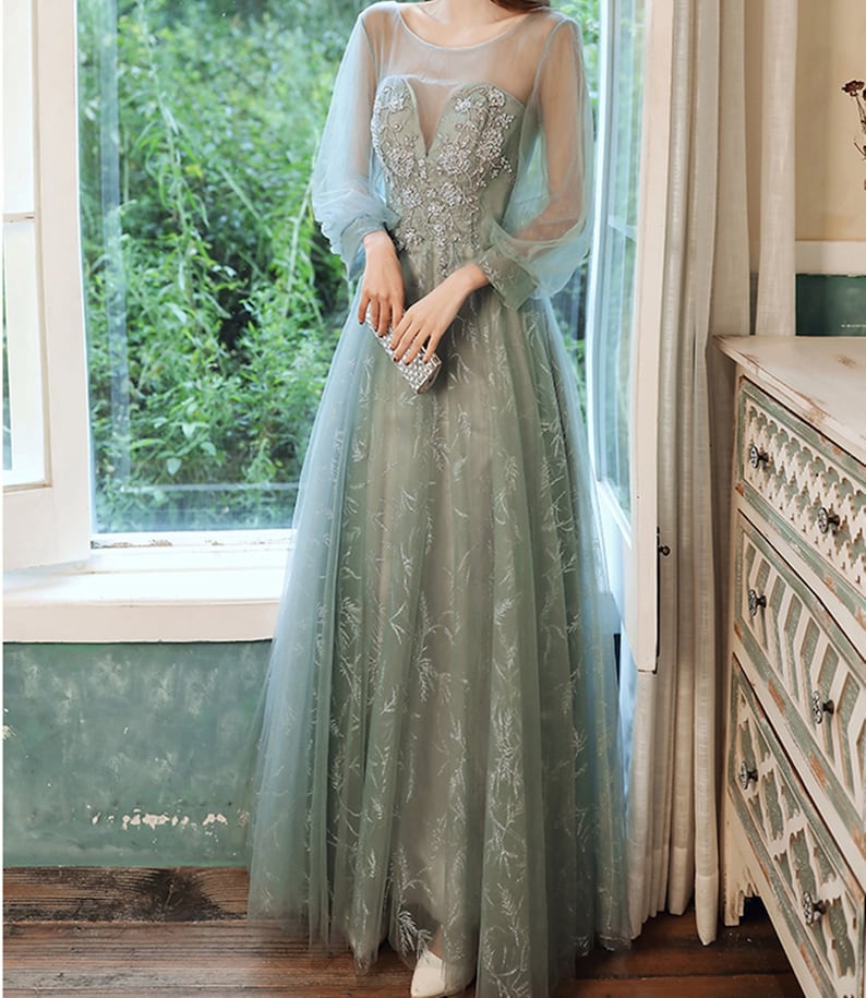 Illusion Deep V Prom Dress Green Long Applique Evening Dress - Etsy