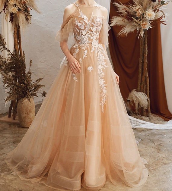 Champagne Gold Tulle Sequins Appliques Off The Shoulder Wedding Dress