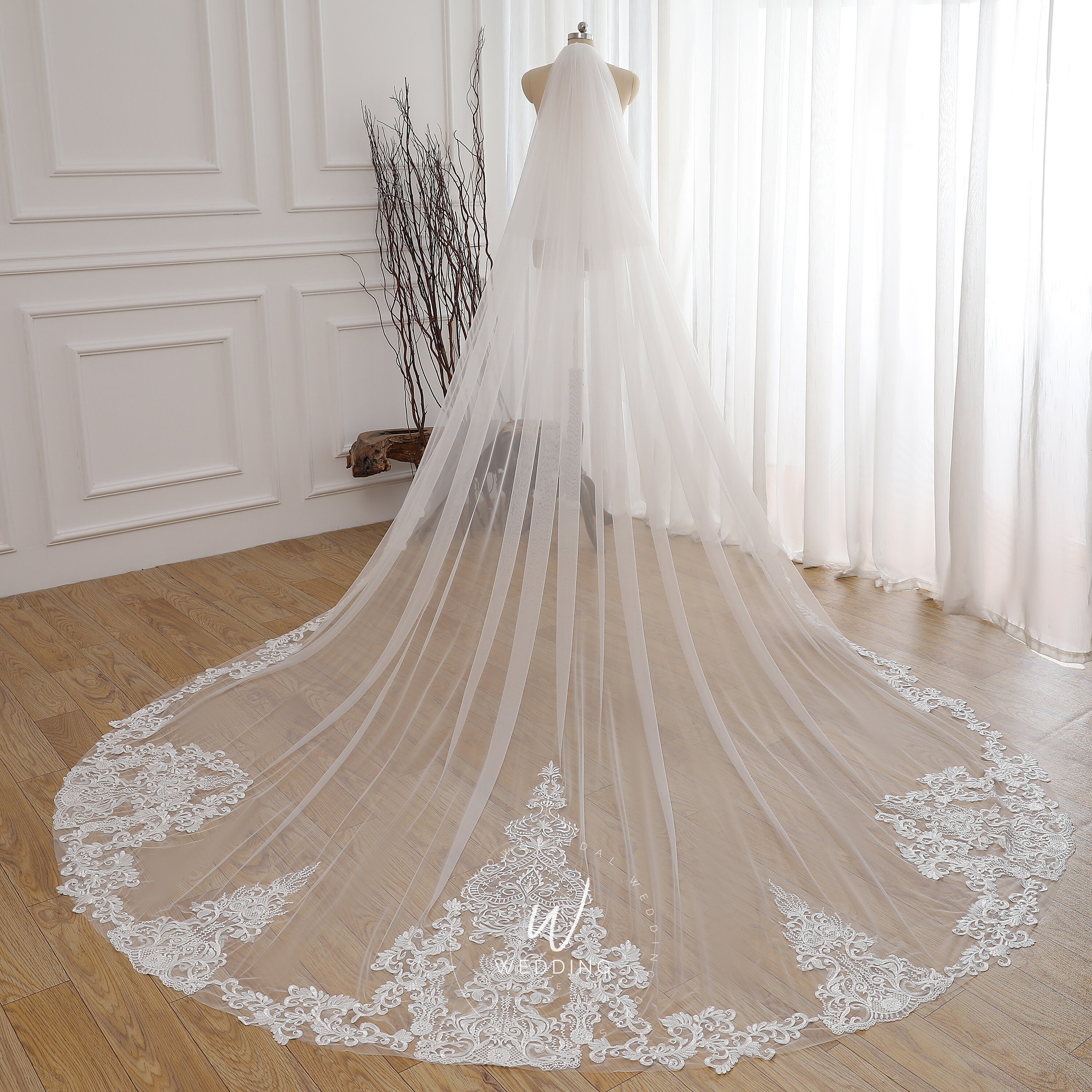 Luxury Wedding Veils Lace Applique Cathedral Length With Comb Bridal Accessories