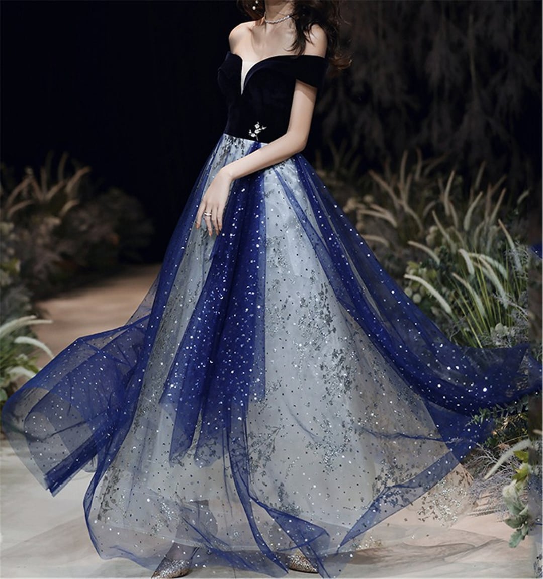 Off Shoulder Prom Dress Stars Moon Sequin Ball Gown Elegant - Etsy