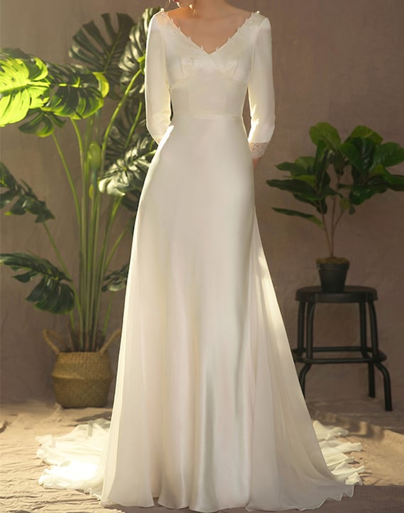 Ivory Lace 3/4 Sleeves Chiffon Beach Wedding Dress, SW380 | Simidress