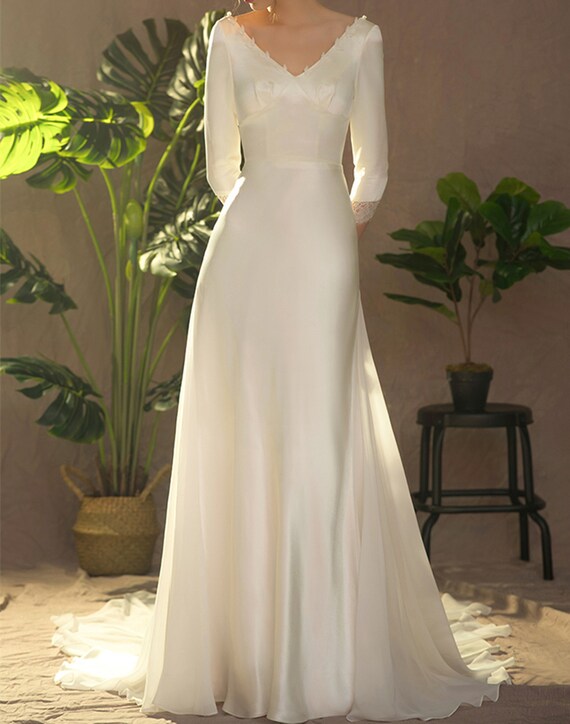 Ivory Lace 3/4 Sleeves Chiffon Beach Wedding Dress, SW380 | Simidress