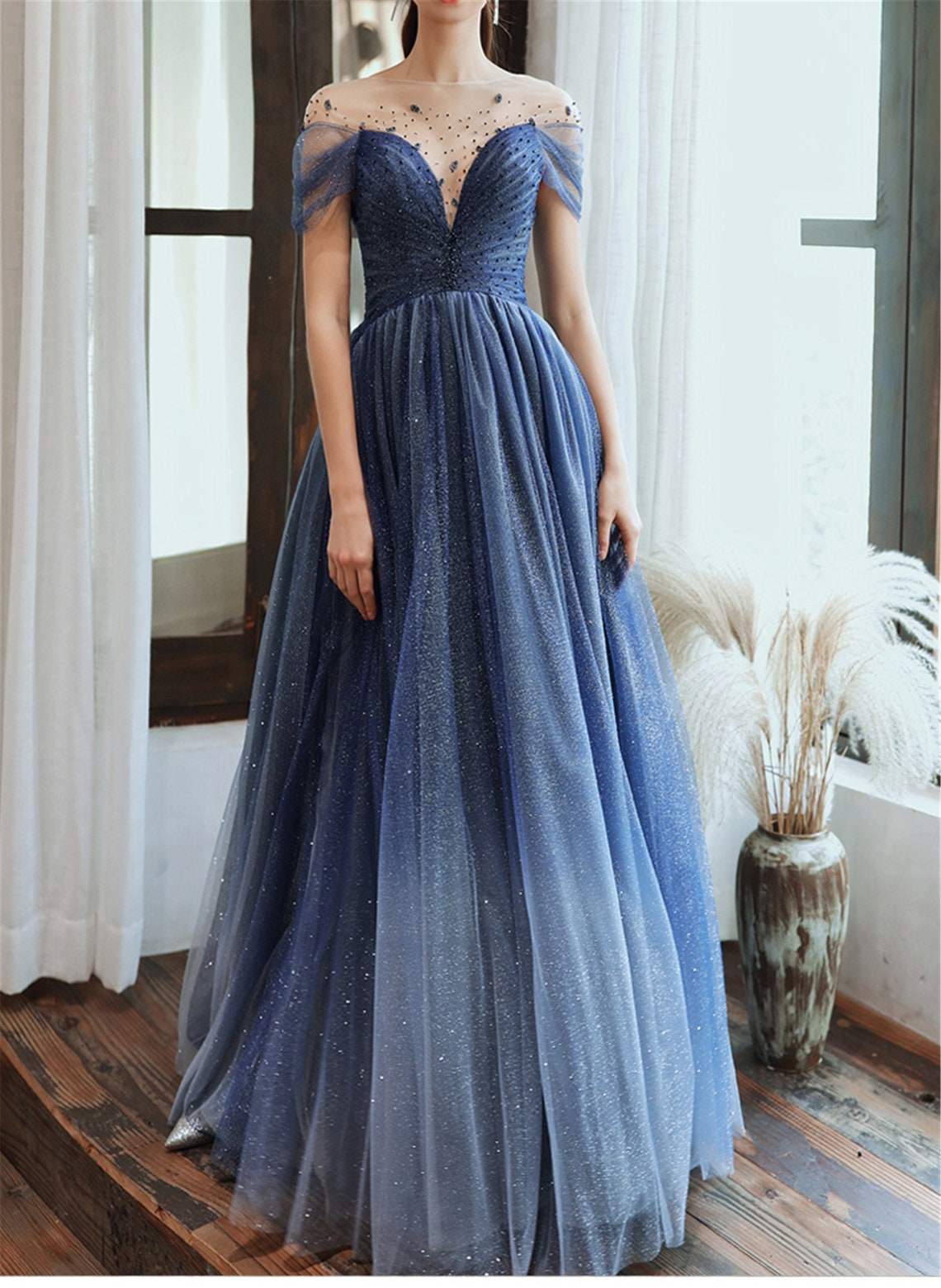 Blue Starry Prom Dress Glitter Evening Dress Deep V Bridal | Etsy