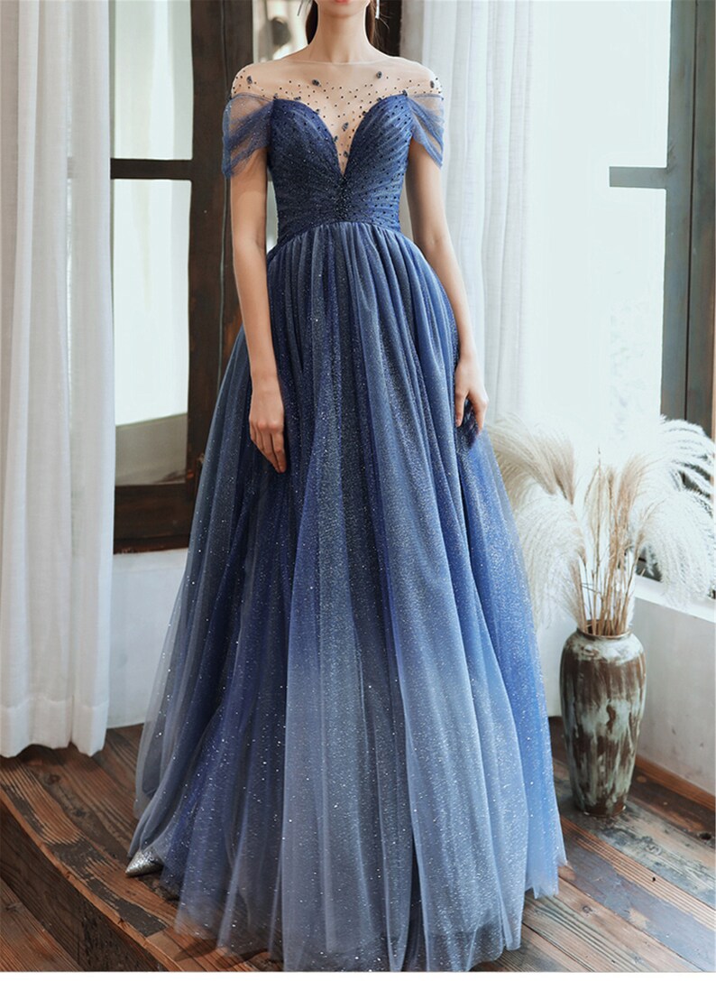 Blue Starry Prom Dress Glitter Evening Dress Deep V Bridal - Etsy