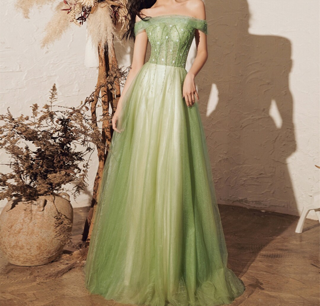 Off the Shoulder Lace Sage Green Prom Dresses Long Chiffon Formal Dres –  MyChicDress