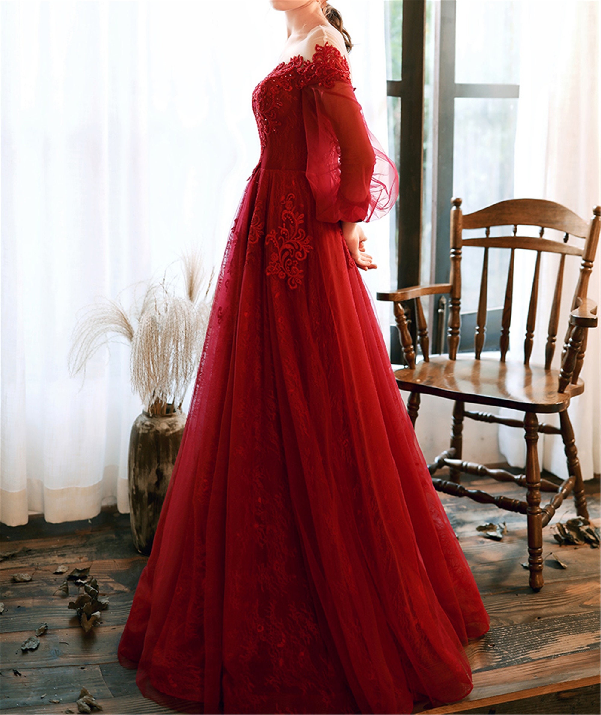 Wine Red Prom Dress Lace Evening Dress Elegant 3/4 Sleeve Etsy