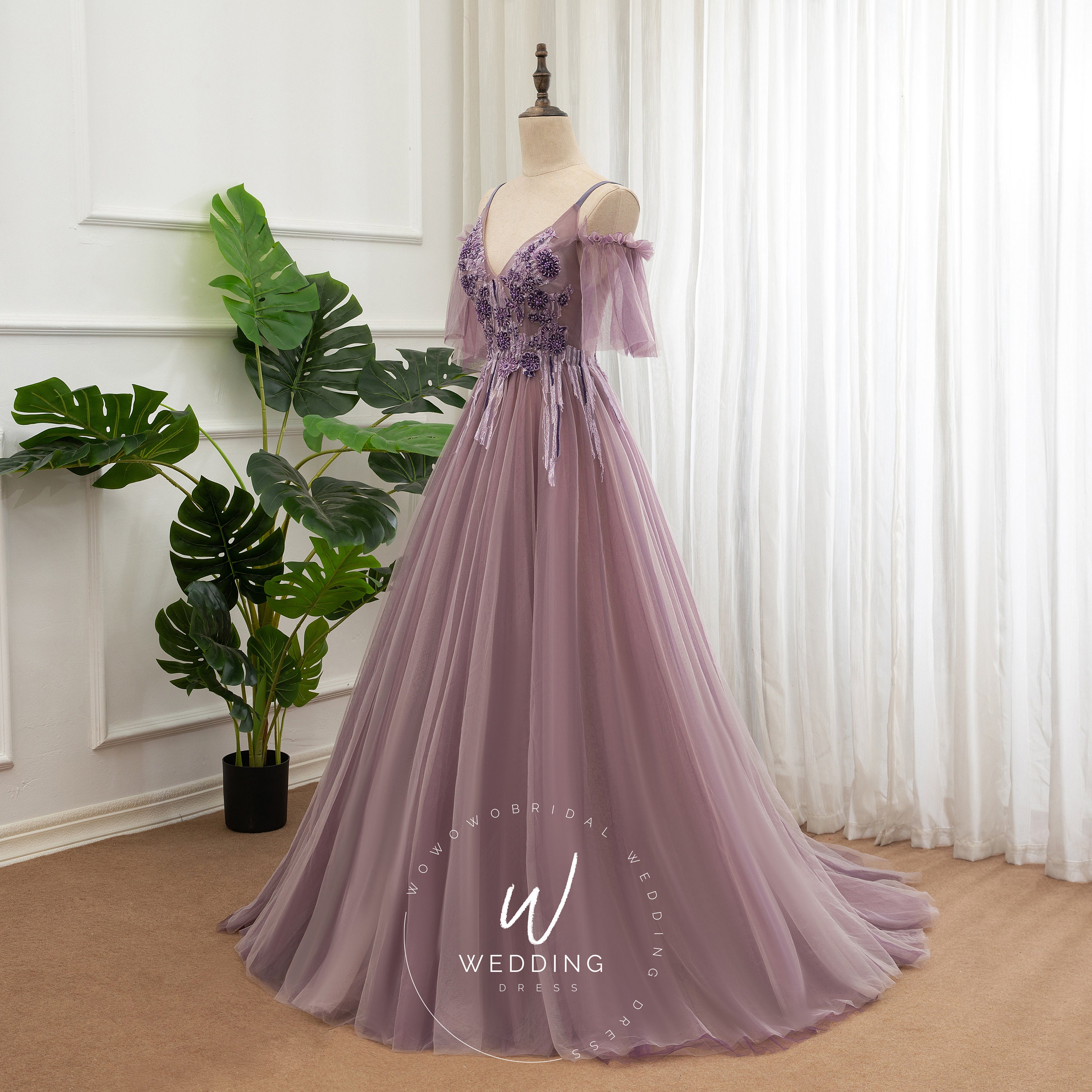 Lavender Prom Dress Deep V Women Party 