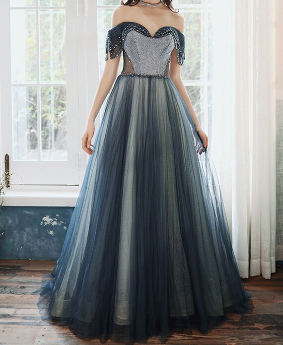 Navy Blue Starry Prom Dress Sparkly Long Evening Dress off | Etsy UK