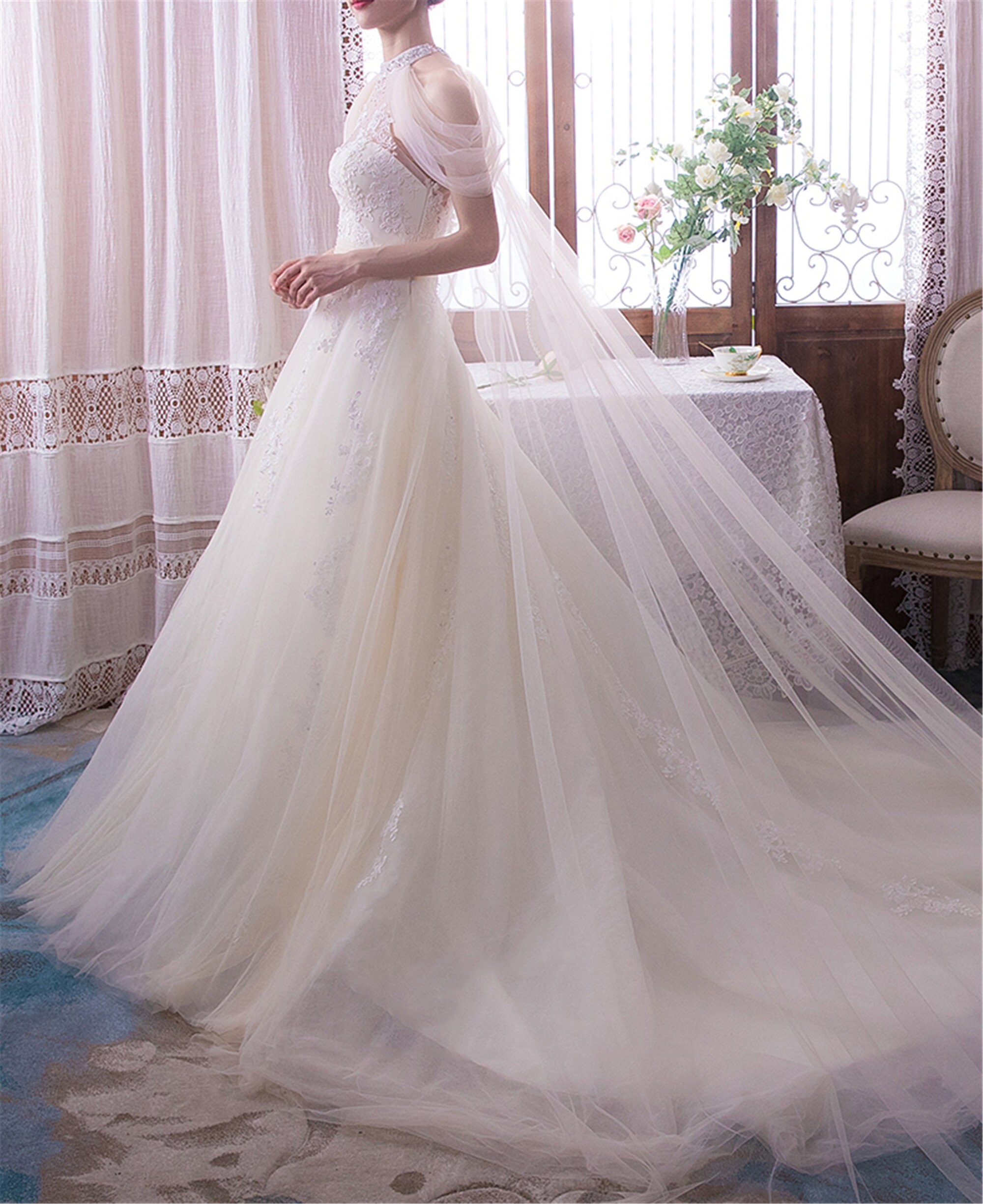 Dreamy Shoulder Cape Wedding Dress White Lace Applique Wedding Etsy