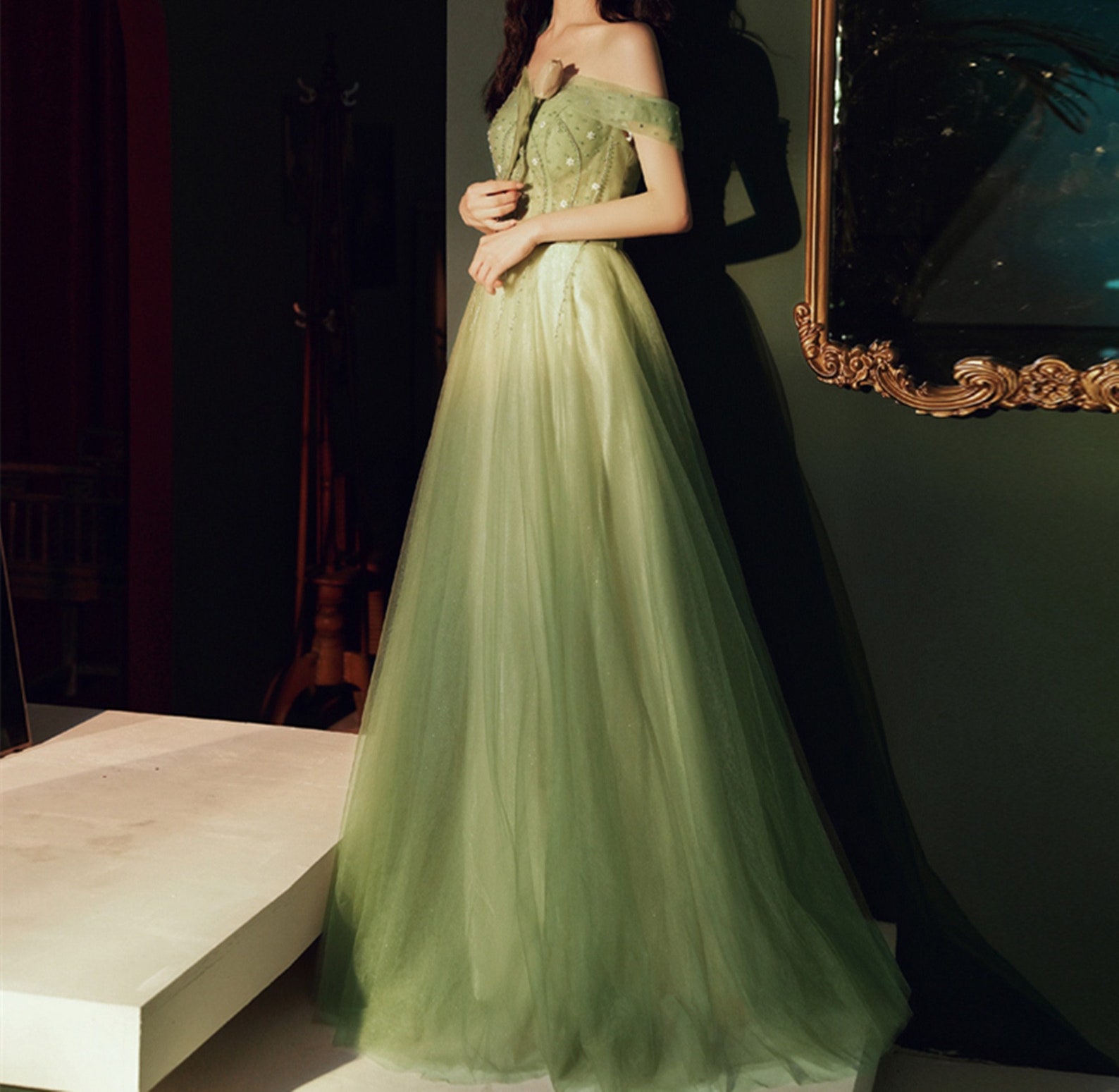 Girl Light Green Prom Dress off Shoulder Evening Dress Beading Etsy