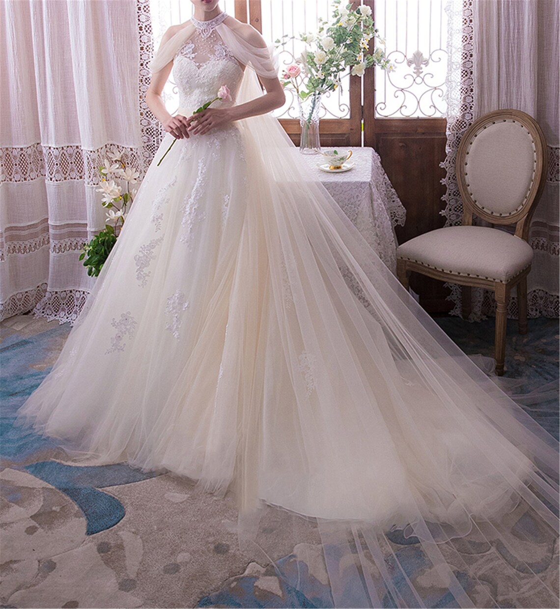 Dreamy Shoulder Cape Wedding Dress White Lace Applique Wedding Etsy