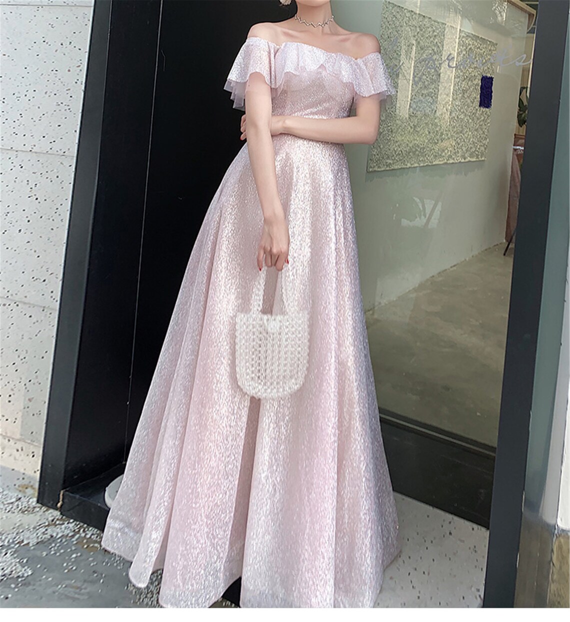 Off Shoulder Prom Dress Glitter Pink Banquet Dress Dreamy Etsy