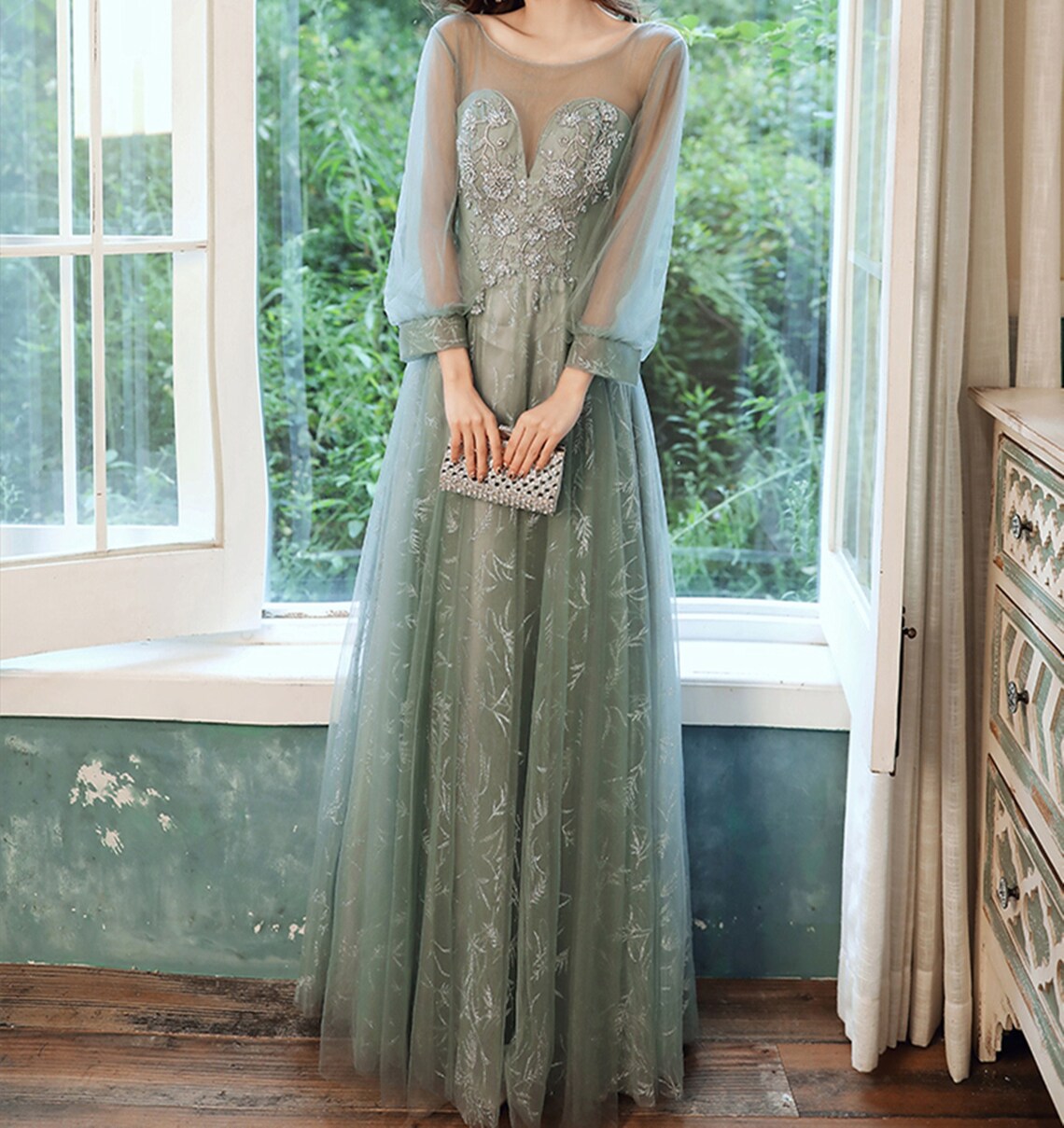 Illusion Deep V Prom Dress Green Long Applique Evening Dress | Etsy