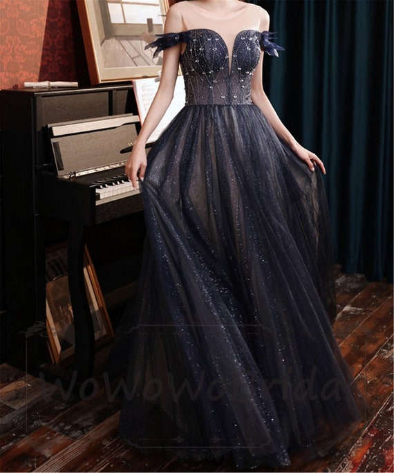 Starry Blue Prom Dress off Shoulder Party Dress Sleeveless | Etsy