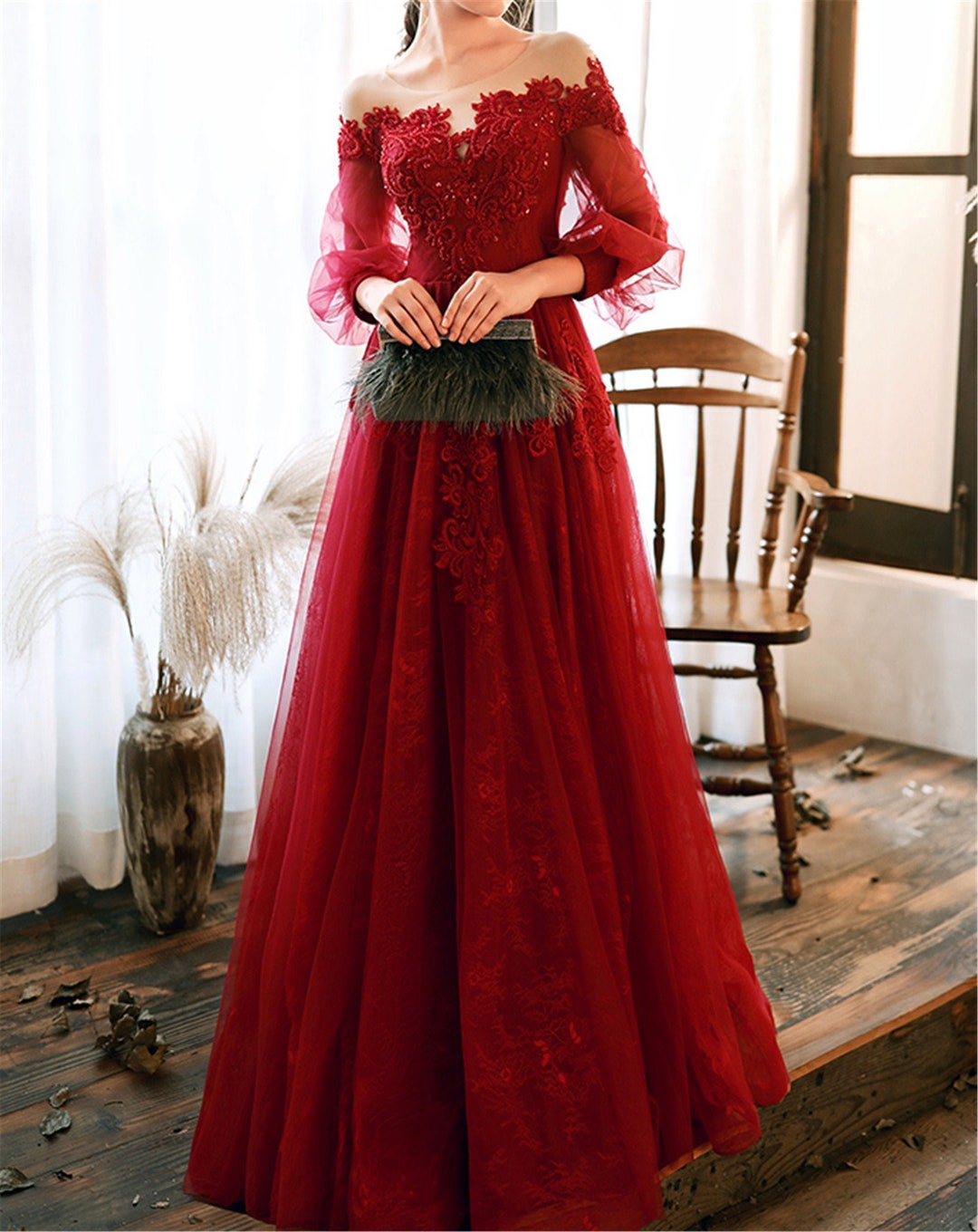 Wine Red Prom Evening Dress Elegant 3/4 Sleeve Etsy