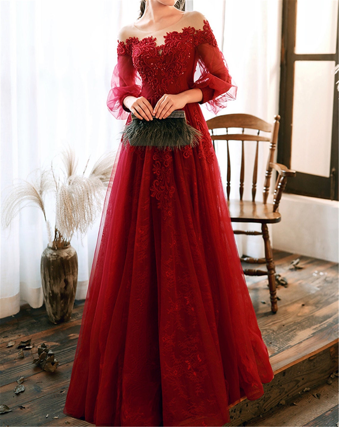 Wine Red Prom Dress Lace Evening Dress Elegant 3/4 Sleeve Etsy